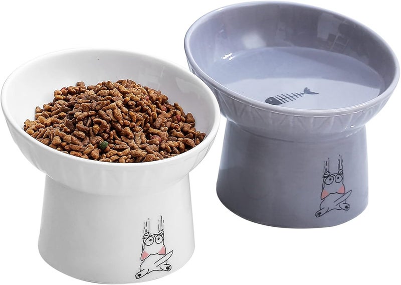 OMAYKEY 6.5 Inch Extra Wide Ceramic Raised Cat Bowl Set, Tilted Elevated Cat Bowls for Food and Water, Prevent Whisker Fatigue, Stress Free, Less Vomiting, Protect Spine, White & Grey - Image 1